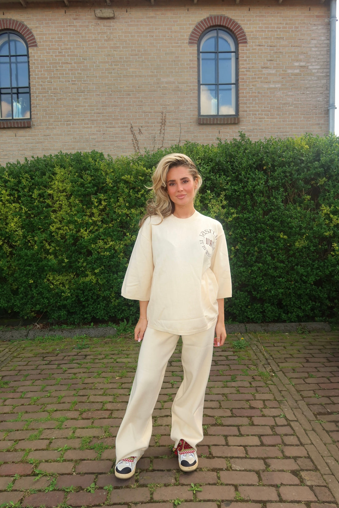Co-ord Felice pants & Gigi top with logo - Ecru